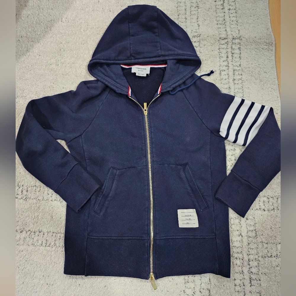 THOM BROWNE Navy Zip-up Sweater